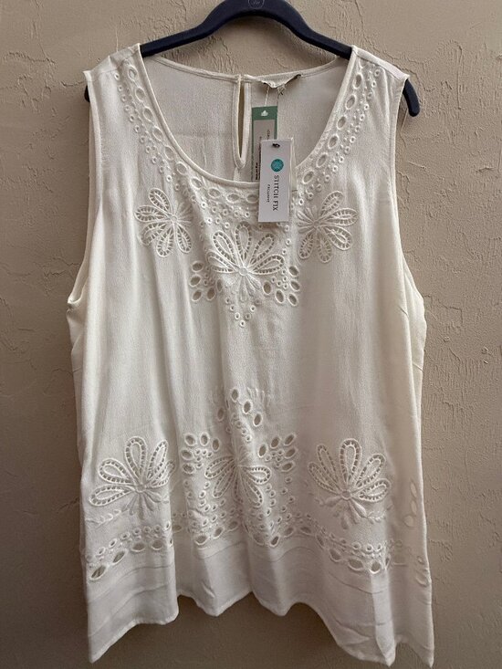 Skies Are Blue Tops - NEW Skies are Blue, Sanderson Embroidery Detail Top Shell, White, 2X
